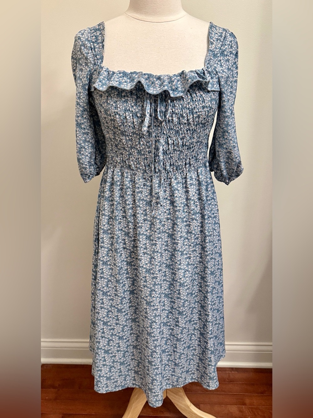 SHEIN Blue Pink Ditsy Floral XS Cottagecore Romantic Boho Whimsical Ruffle Dress